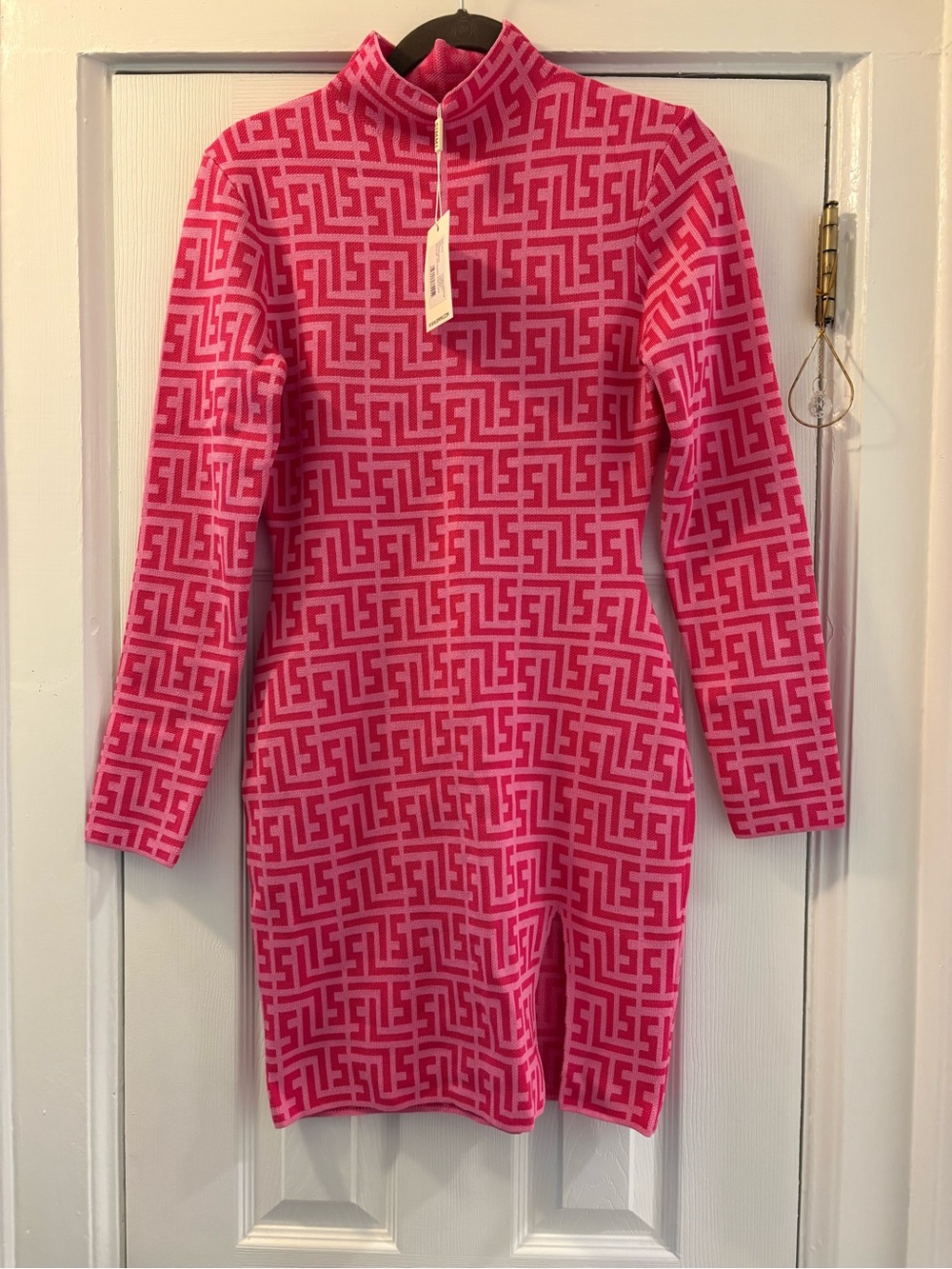 Girls' Pink Geo-Pattern Knit Mini Dress with Zip Collar